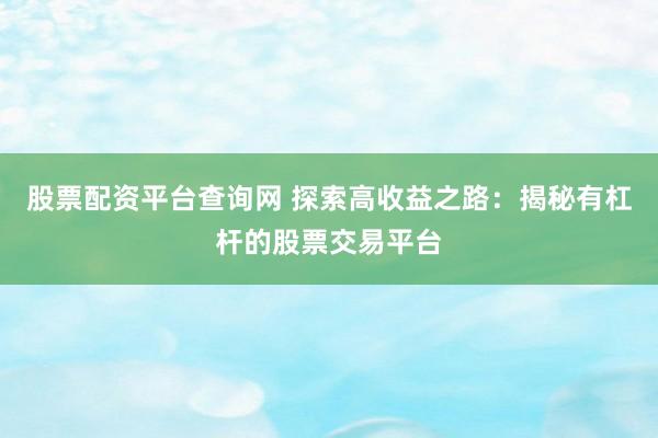 股票配资平台查询网 探索高收益之路：揭秘有杠杆的股票交易平台